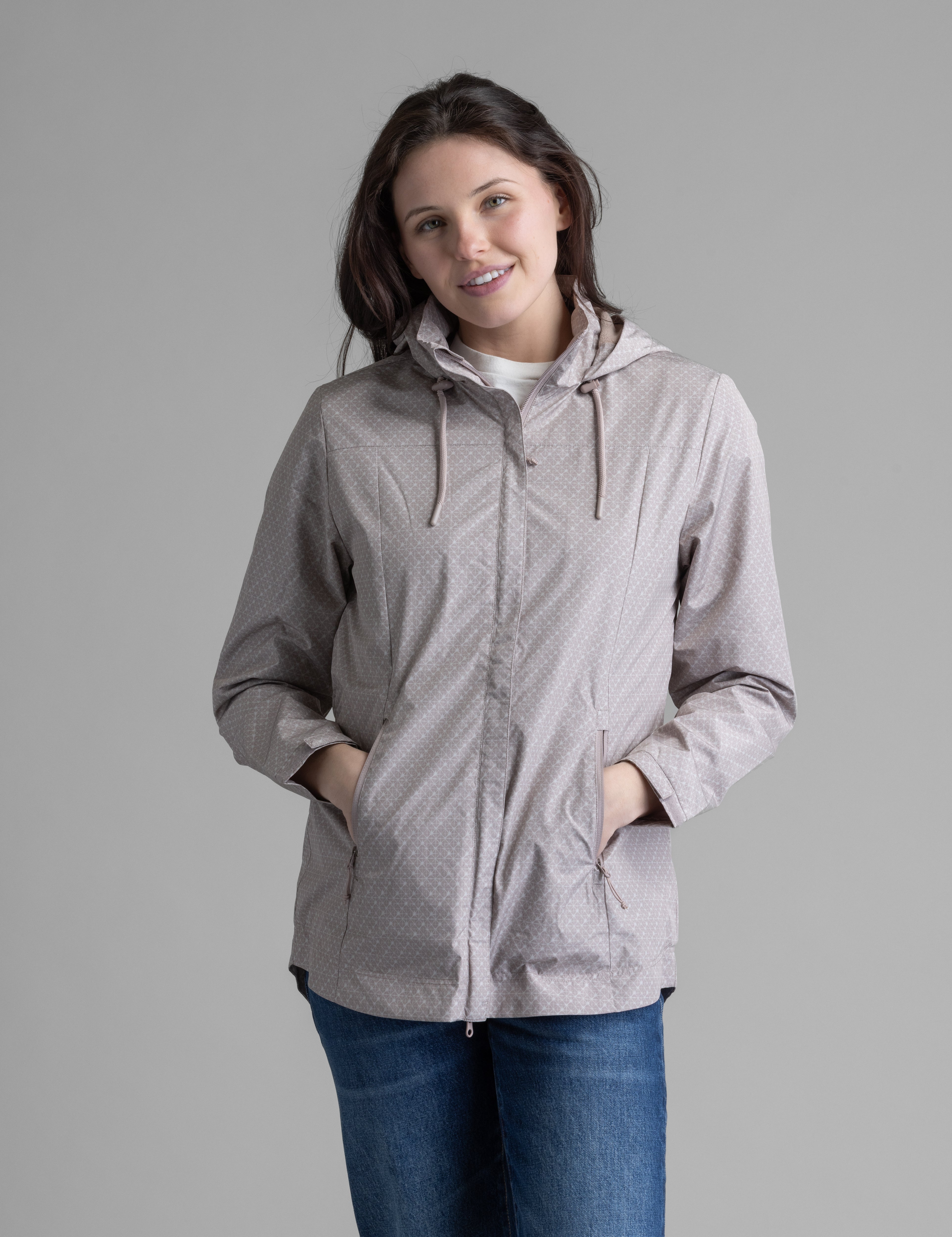 Women's LIV Outdoor Savannah fleece-lined rainshell jacket with waterproof fabric and adjustable hood, ideal for rainy weather.