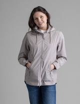 Women's LIV Outdoor Savannah fleece-lined rainshell jacket with waterproof fabric and adjustable hood, suitable for rainy weather.
