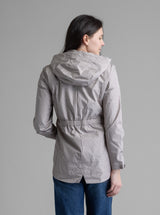 Women's LIV Outdoor Savannah fleece-lined rainshell jacket in khaki, featuring hood, waterproof fabric, and adjustable cuffs.