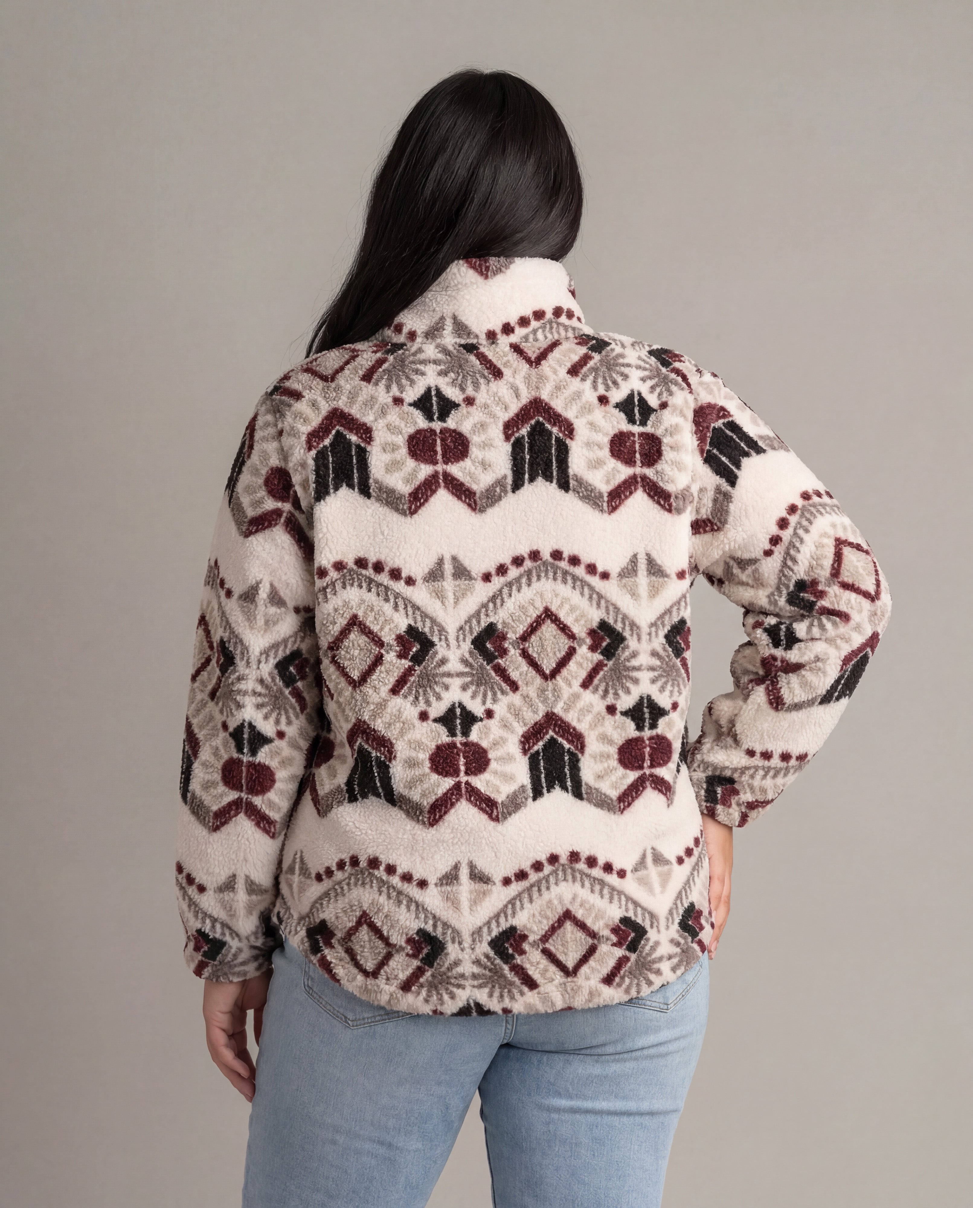 Plus size women's LIV Outdoor Ainsley full zip sherpa jacket with plush interior, shown from the back.