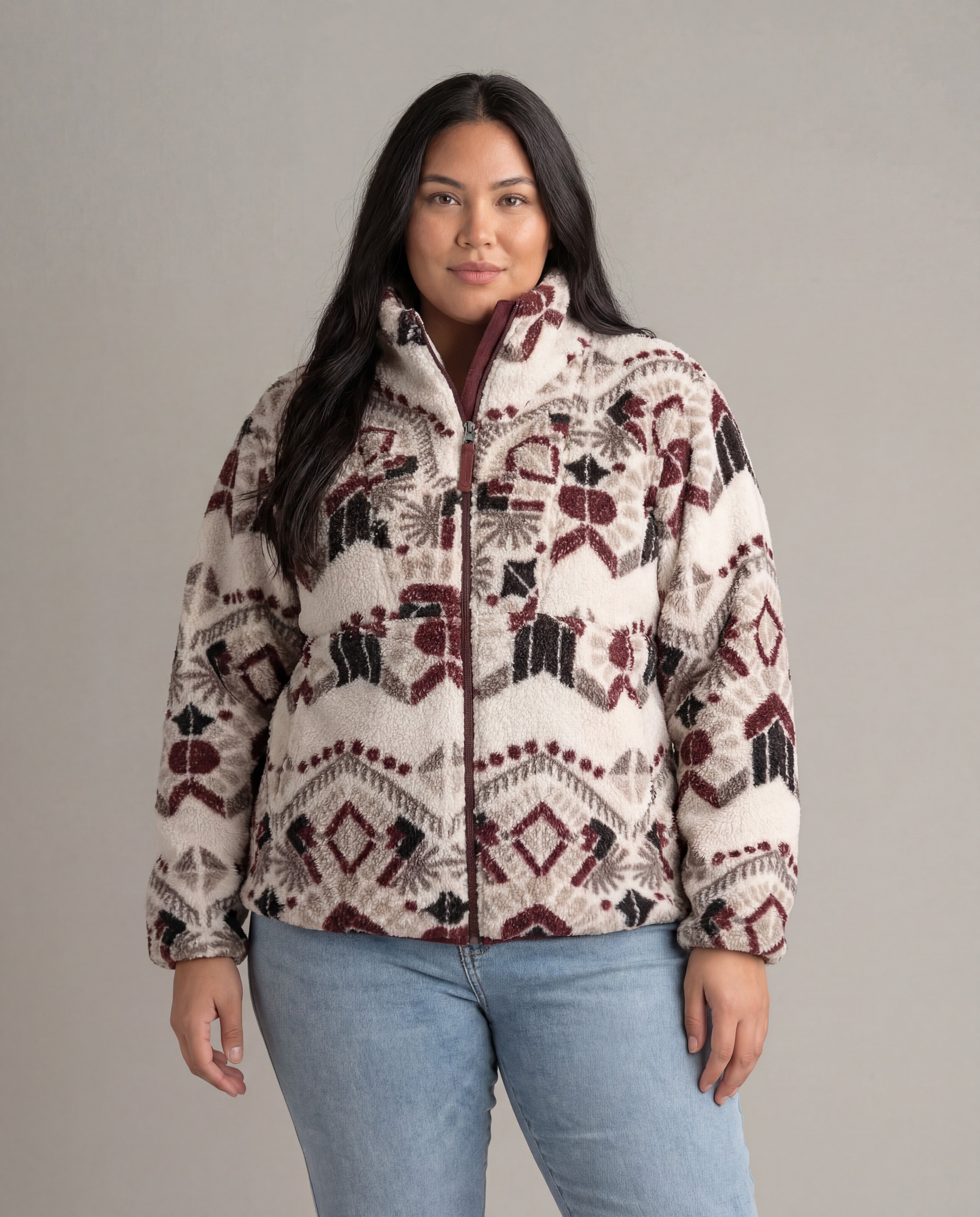 Women's LIV Outdoor Ainsley full zip plush Sherpa jacket in plus size, shown front view with cozy, thick fleece material.