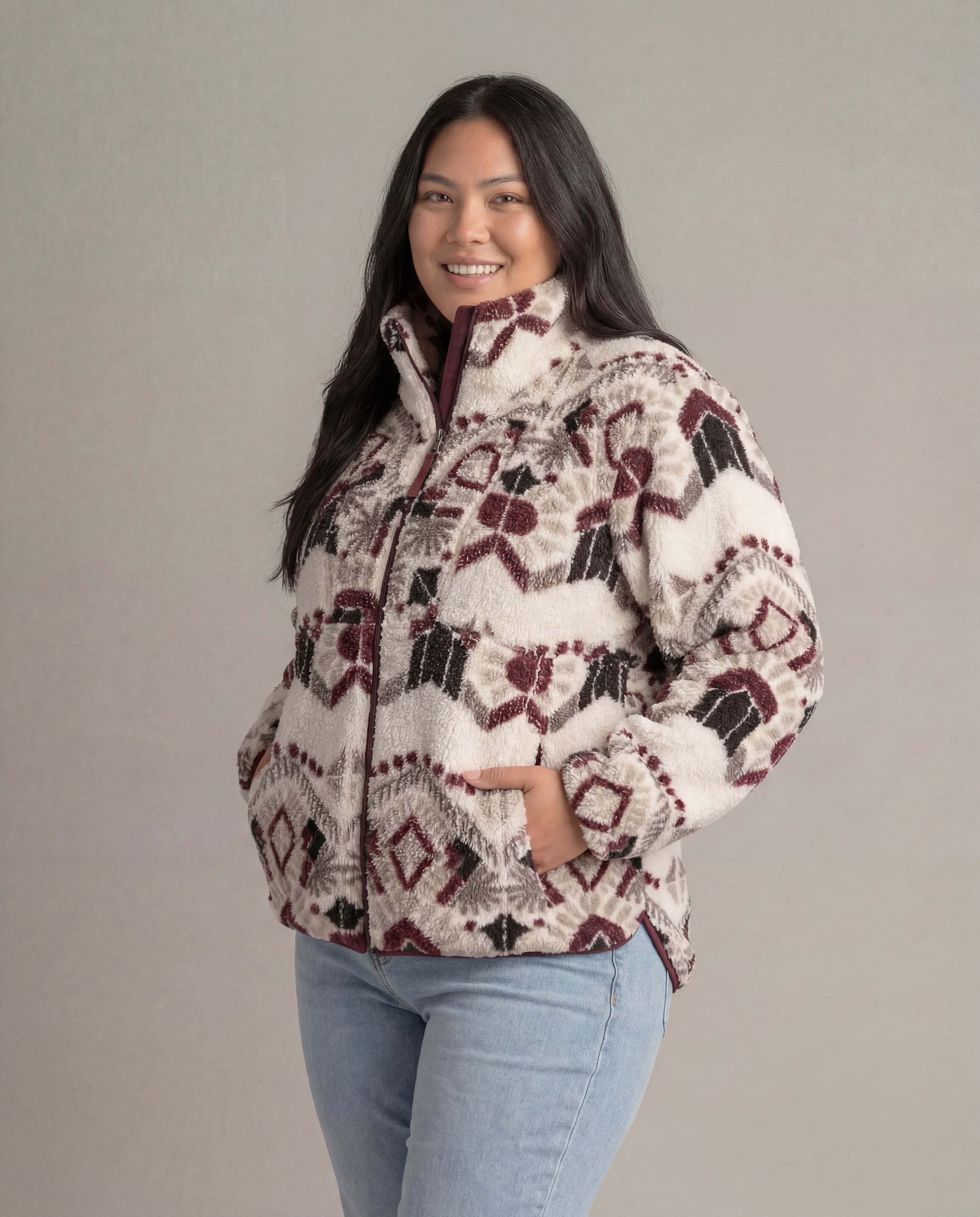 Women's Ainsley full zip Ultra Plush Sherpa jacket in plus size by LIV Outdoor, shown front view with cozy, plush fabric.