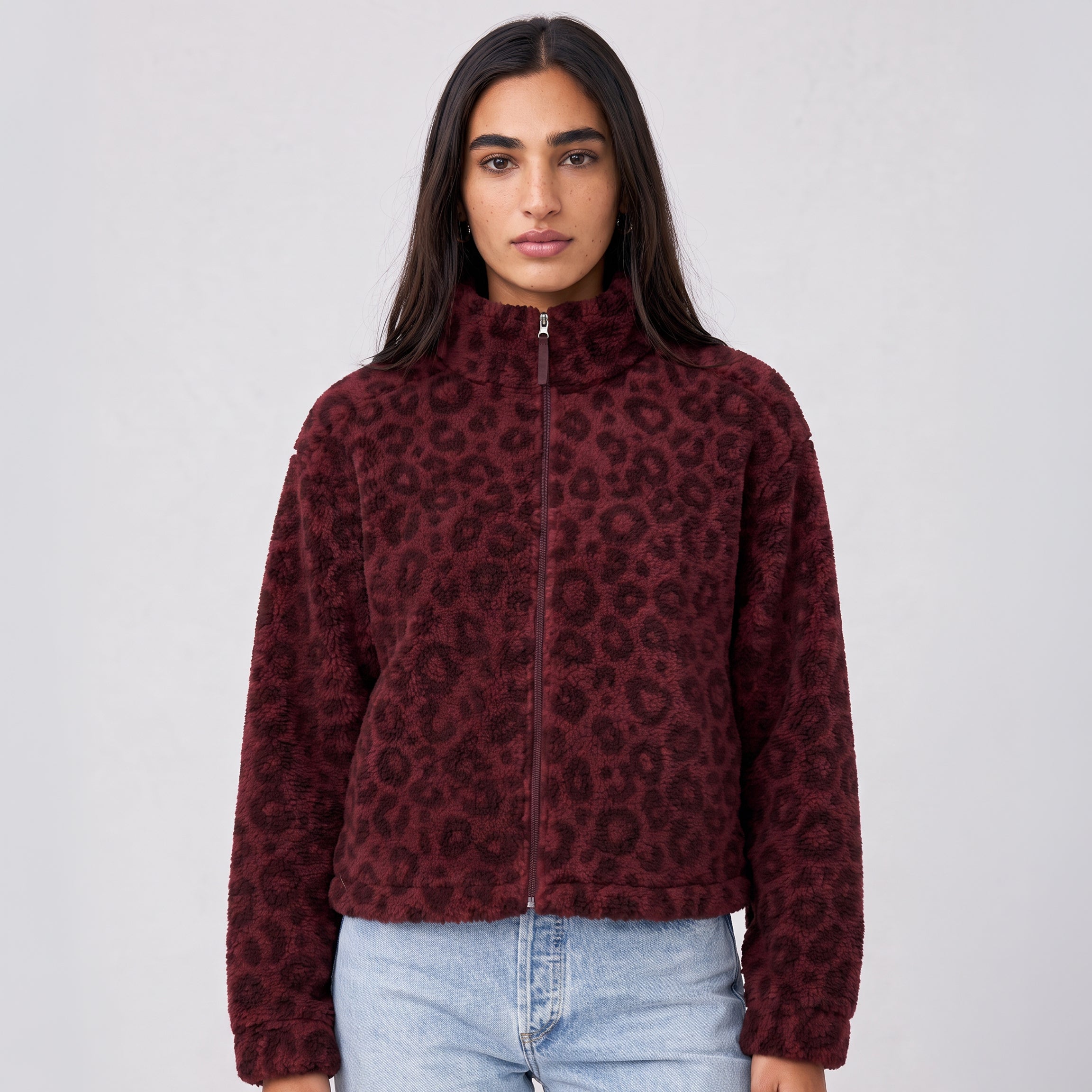 Women's LIV Outdoor Ainsley Plush Sherpa full zip jacket with soft, cozy sherpa fabric and a front zipper for warmth and style.