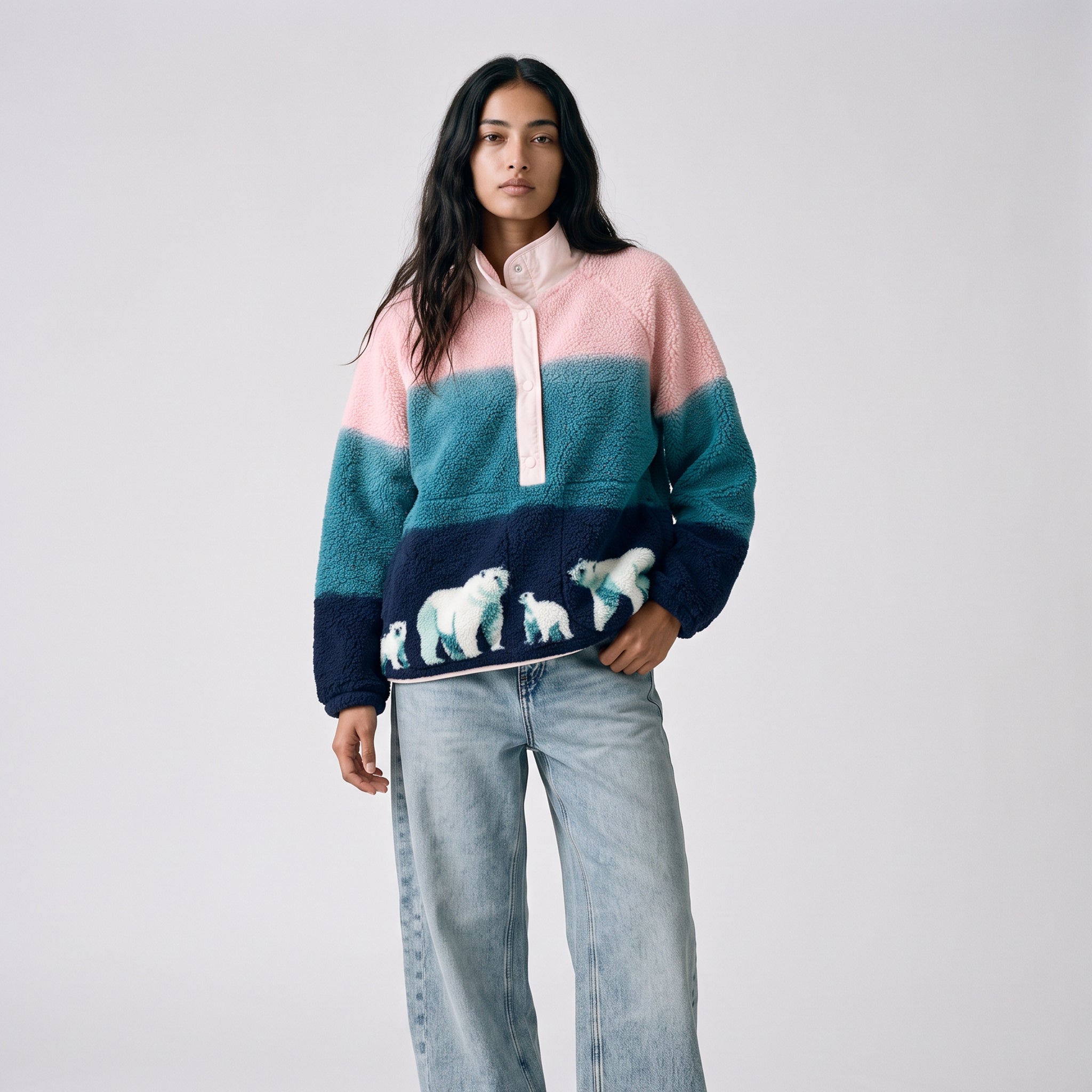 Women's LIV Outdoor Ainsley printed snap pullover with polar bear and ombre design, featuring a raglan sleeve style and cozy fit.