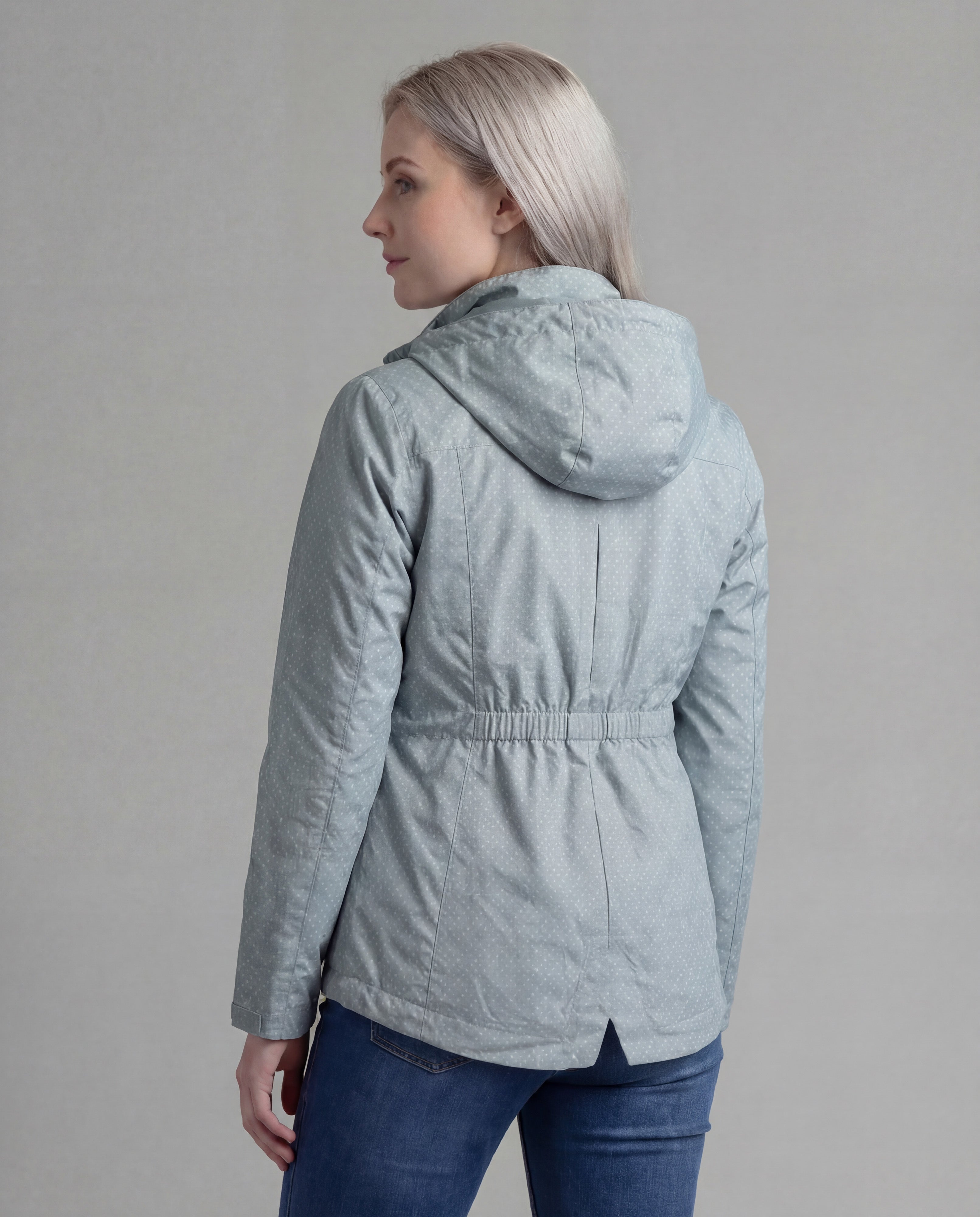 Aqua Gray LIV Outdoor Women's Savannah fleece-lined rainshell jacket shown from the back, with a hood and quilted design for outdoor warmth.