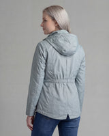 Aqua Gray LIV Outdoor Women's Savannah fleece-lined rainshell jacket shown from the back, with a hood and quilted design for outdoor warmth.