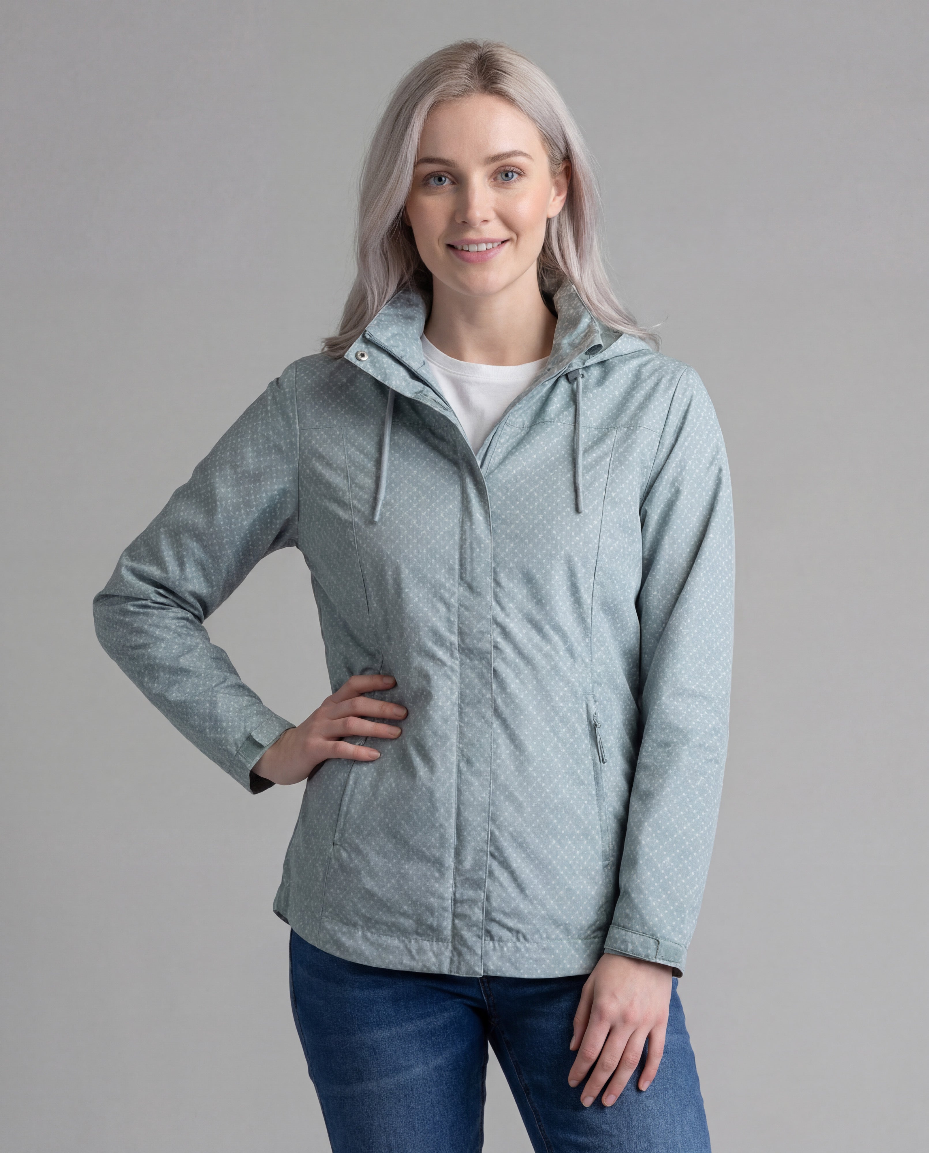 Women's LIV Outdoor Savannah fleece-lined rainshell in aqua gray, front view, waterproof jacket with fleece lining for warmth.