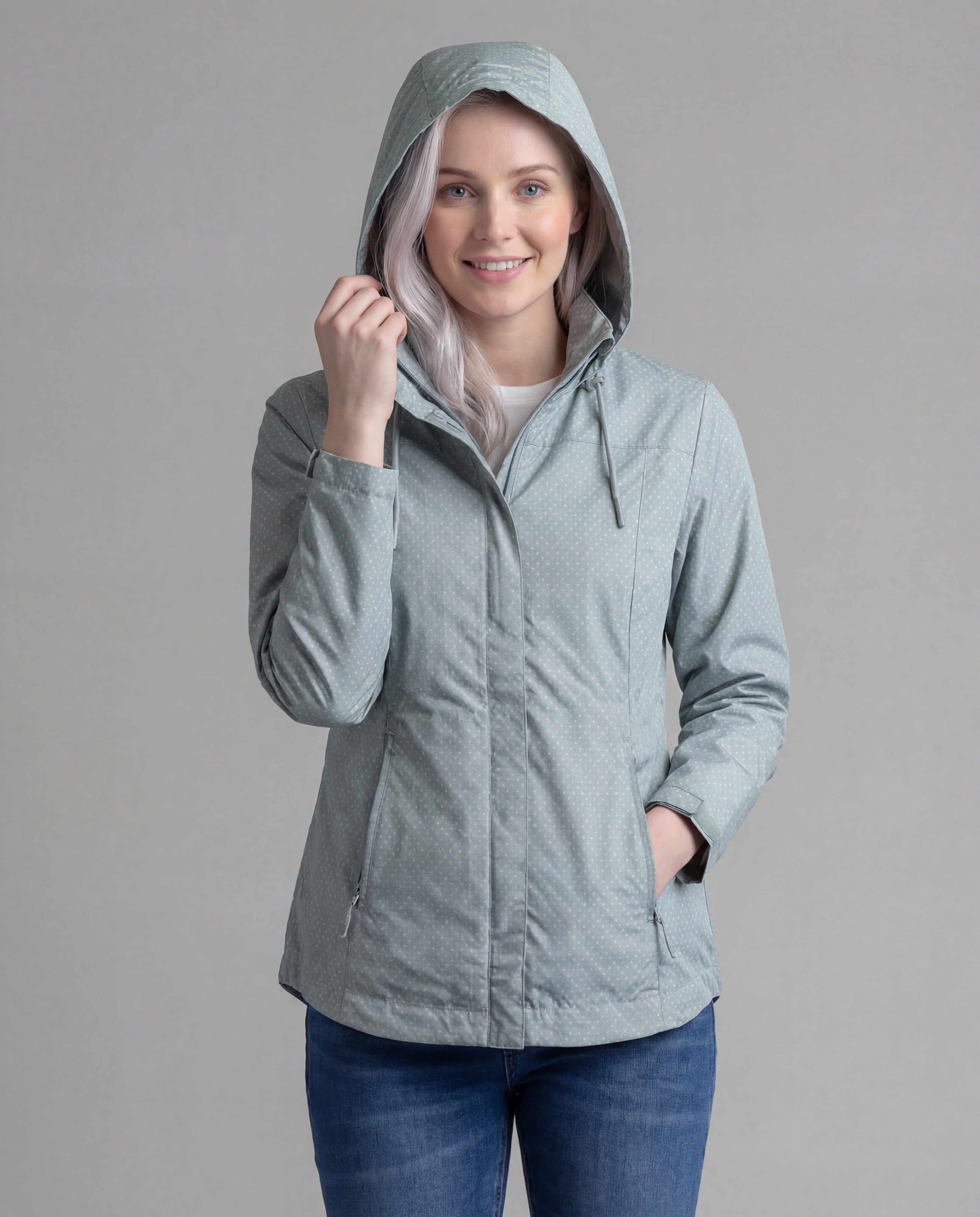 Women's LIV Outdoor Savannah fleece-lined rainshell jacket in aqua gray, shown front view with hood and waterproof material.