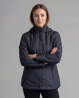 Black women's LIV Outdoor Savannah fleece-lined rainshell jacket with a front view, showcasing its waterproof design and cozy interior.