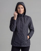Black women's LIV Outdoor Savannah fleece-lined rainshell jacket, front view showing waterproof fabric and cozy fleece interior.