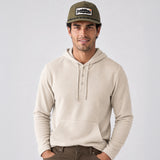 LIV Outdoor men's lichen-colored stretch flannel hooded Henley top with long sleeves and button details, casual fit.