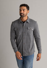 Men's LIV Outdoor lichen stretch flannel button-down shirt, shown in a classic plaid pattern with long sleeves and collar.
