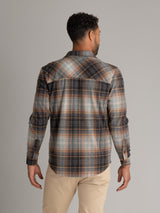 Men's LIV Outdoor Lichen Stretch Flannel Button-Down, showing the plaid pattern and classic collar on a men's top.