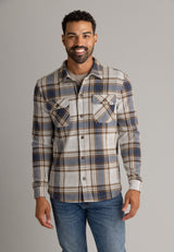Men's LIV Outdoor Lichen Stretch Flannel button-down top with a classic plaid pattern and relaxed fit.