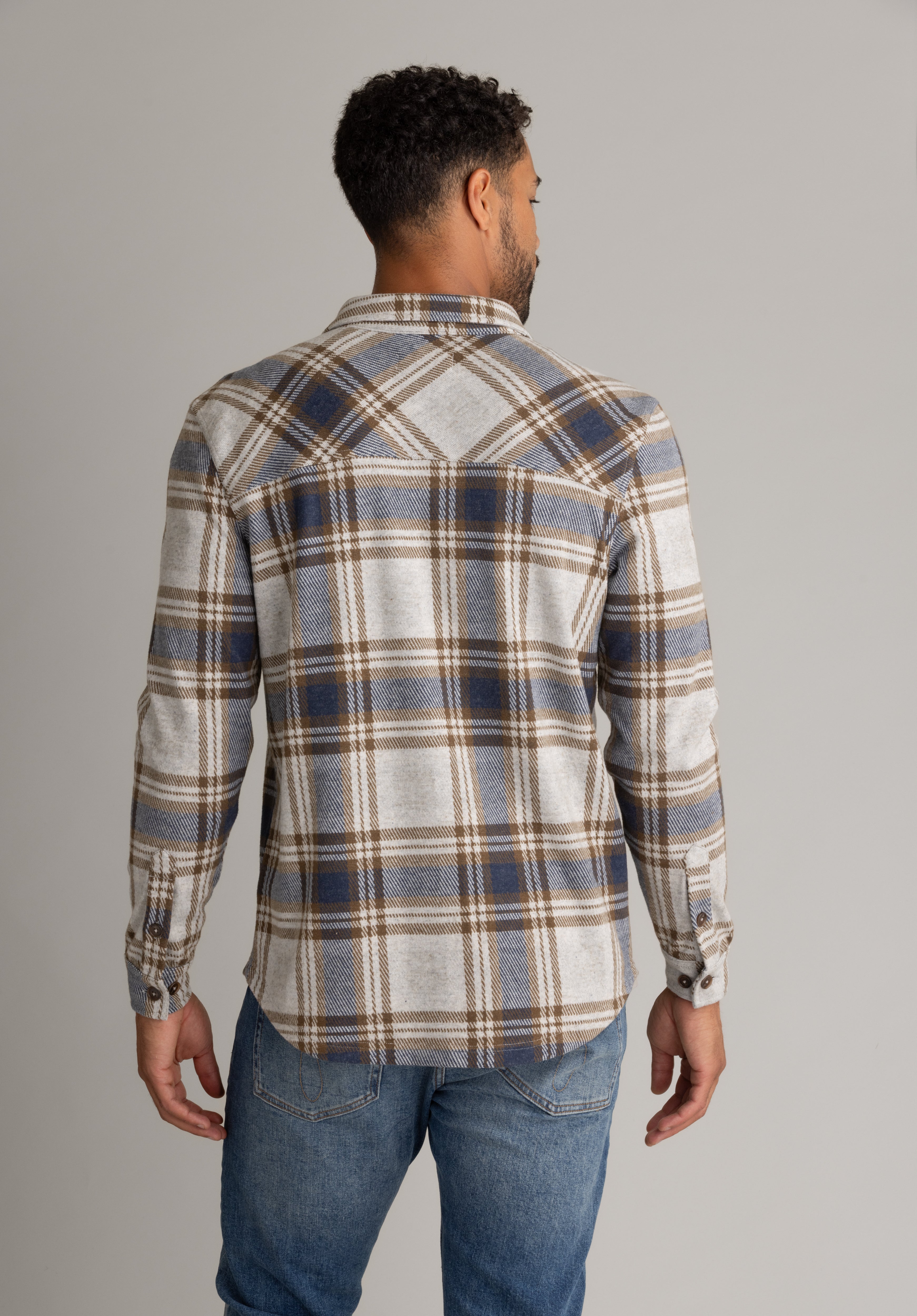 Men's LIV Outdoor lichen stretch flannel button-down shirt, casual men's top with a plaid pattern and comfortable fit.