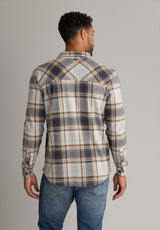 Men's LIV Outdoor lichen stretch flannel button-down shirt, casual men's top with a plaid pattern and comfortable fit.