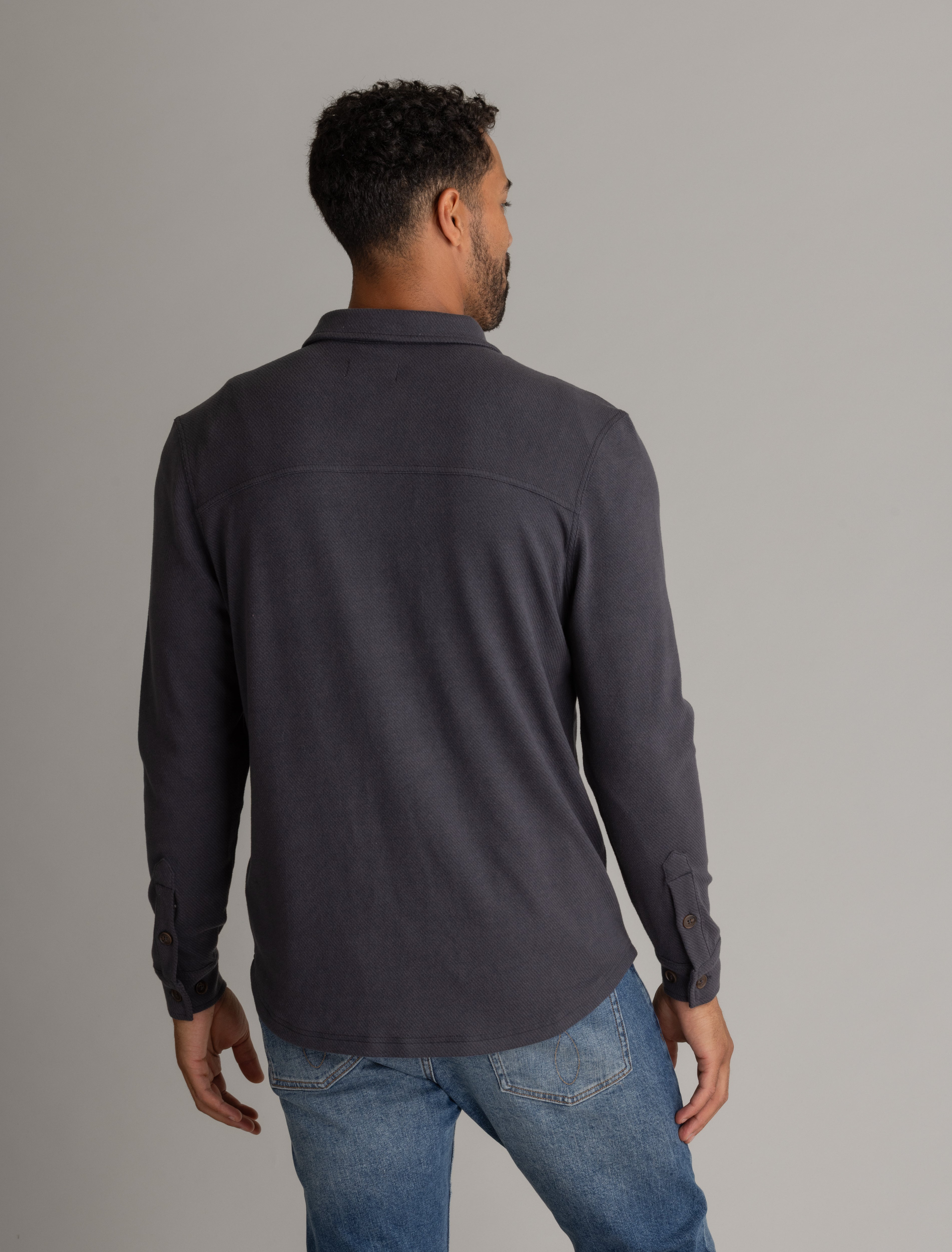 Men's LIV Outdoor lichen stretch flannel button-down top, black color, shown with collar and button front detail.