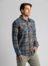 Men's LIV Outdoor Lichen Stretch Flannel Button Down shirt, shown in a casual men's top style with a button-up front and plaid pattern.