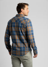 Men's LIV Outdoor Lichen Stretch Flannel button-down shirt, showing the plaid pattern and classic collar.