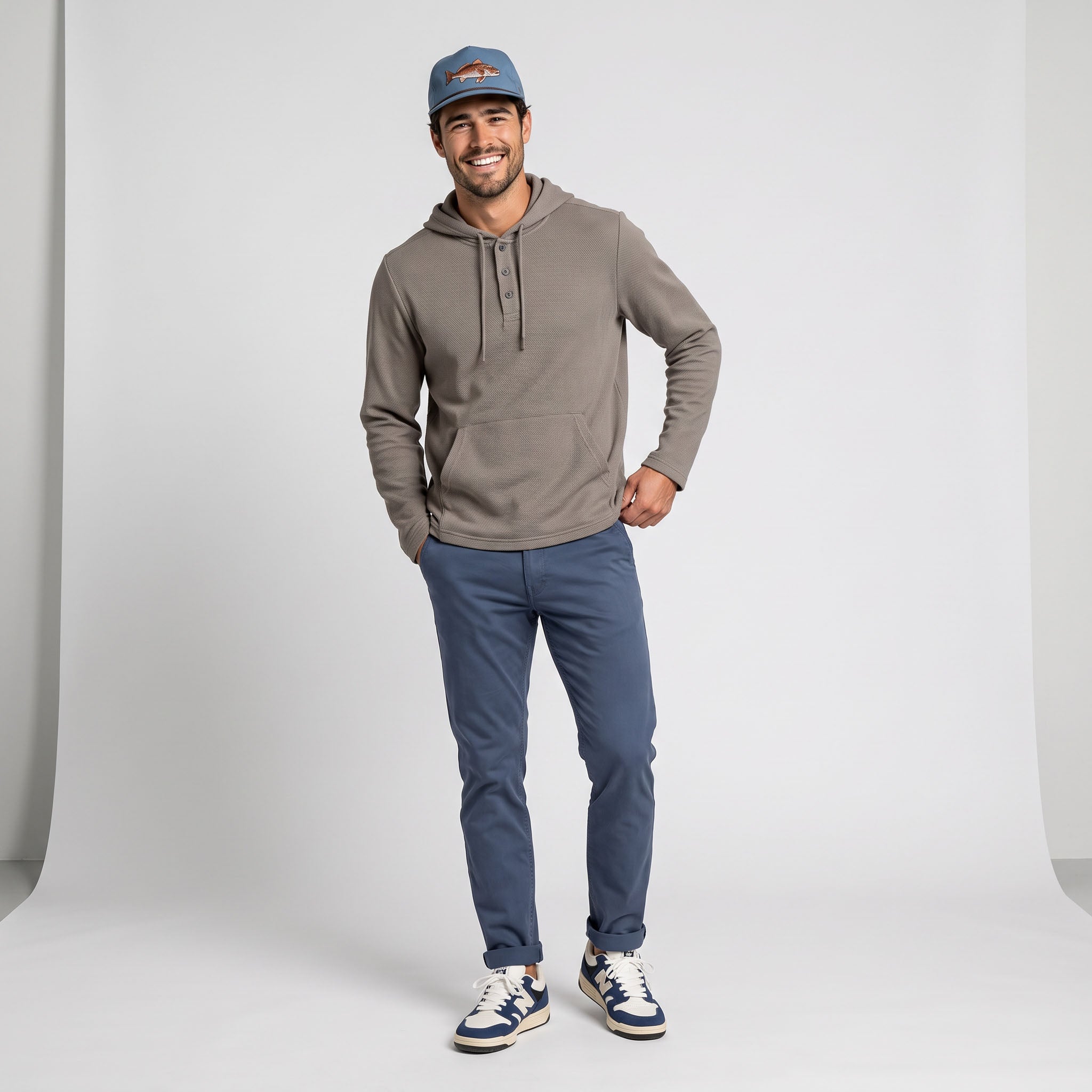 Men's LIV Outdoor Lichen Stretch Flannel Hooded Henley, casual men's top with a comfortable hood and plaid flannel design.