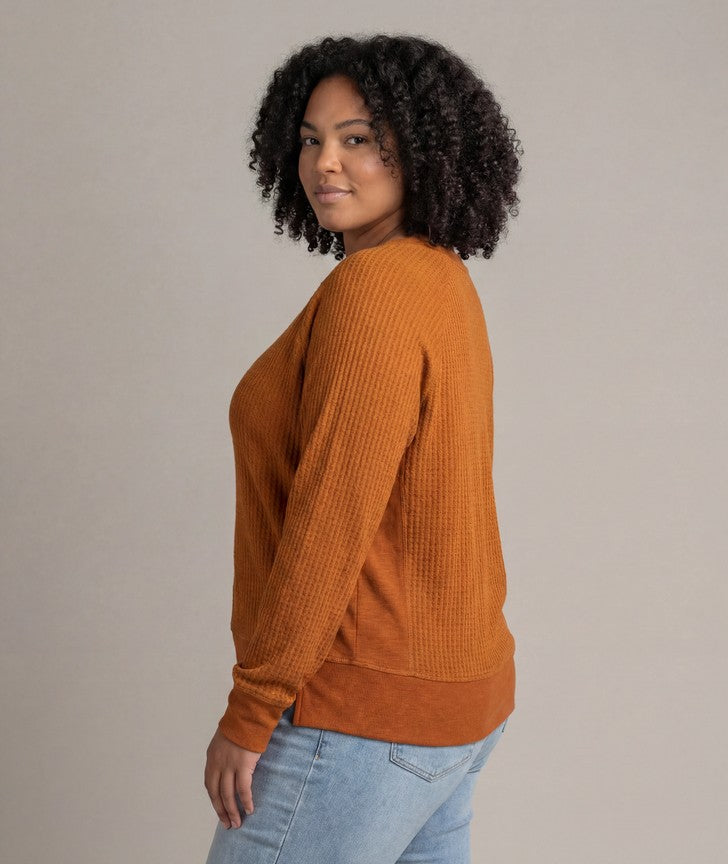 Women's LIV Outdoor Rae Waffle Crew top in plus size, featuring a cozy waffle knit fabric and casual fit.