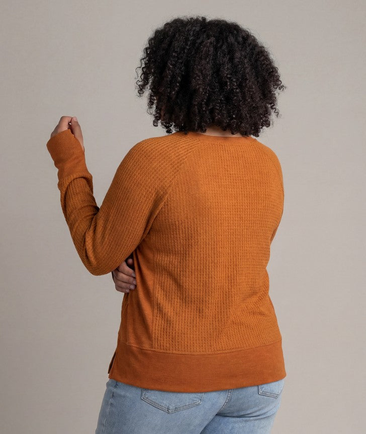Back view of LIV Outdoor Women's Rae Waffle Crew in plus size, featuring a cozy waffle knit fabric and relaxed fit.