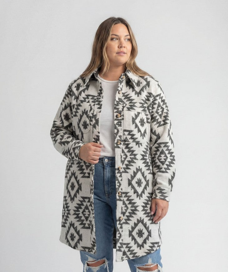Black and white women's Shay plus size faux wool long button coat by LIV Outdoor, stylish and warm outerwear for women.