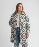 Black and white women's Shay plus size faux wool long button coat by LIV Outdoor, stylish and warm outerwear for women.