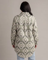 Rear view of LIV Outdoor Women's Shay Plus Size Faux Wool Long Button Coat in green, showcasing the stylish jacket's length and button details.
