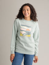 Women's LIV Outdoor oversized graphic crew sweatshirt in stonewashed aqua gray, featuring a relaxed fit and bold design.