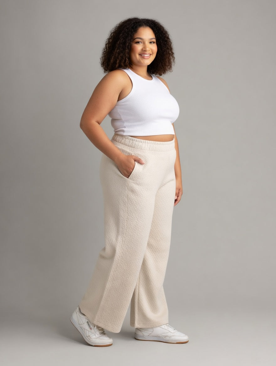 Plus women's LIV Outdoor Kaya Quilted Wide Pant with a relaxed fit, featuring a quilted pattern and wide-leg design.